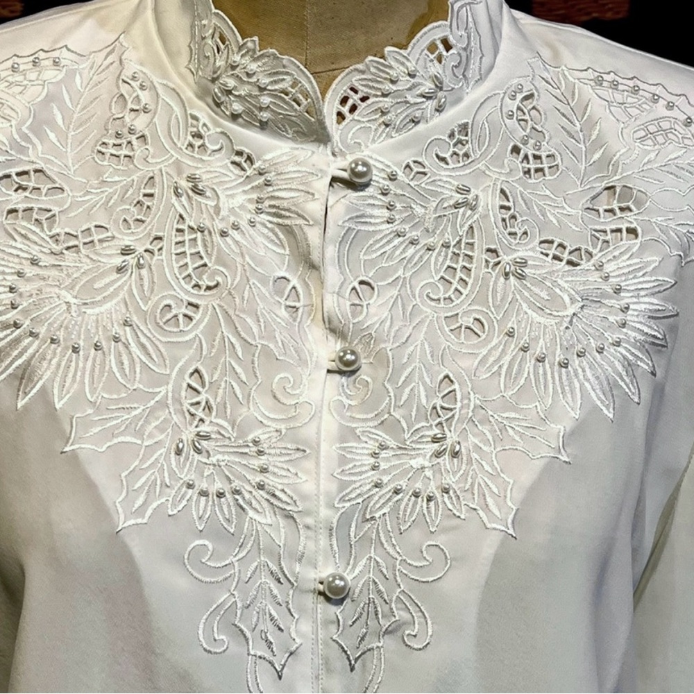 VINTAGE 80s 90s white beaded pearl embroidered lace blouse shirt sheer delicate